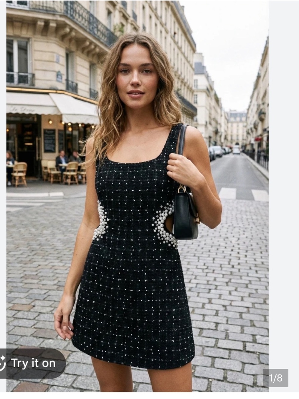 Zara Black Tweed Mini Dress with Pearl Cutouts